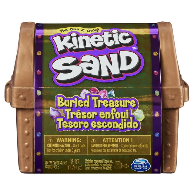 Kinetic Sand Buried Treasure Playset with a bronze reusable treasure chest containing 6oz (170g) of moldable kinetic sand and a hidden treasure tool, designed as sensory toys and dough tools for kids ages 3 and up to dig and discover coins.