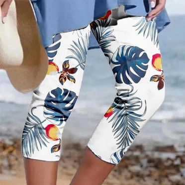 CHGBMOK Women's Elastic Waist Printed Capris, Summer Casual, Clearance, Plus Size
