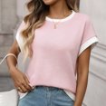 thumbnail image 2 of FRSASU Chandail à Manches Courtes pour Femmes Col Ras du Cou Hauts d'Été Tendance Voyage Tenue de Bureau Décontractée Chandail Rose G(L), 2 of 8