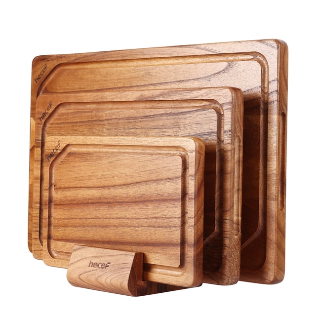 Hecef 3-PCS Wood Cutting Board Set with Holder, featuring three chinaberry wood boards in sizes 15x10 inches, 12x8 inches, and 9x6 inches. Each board has a smooth texture, natural grain, and deep juice grooves for collecting liquids. The set includes a 4.9x3.5x1.8-inch wooden stand for organized and ventilated storage. The boards are moisture-resistant, durable, and designed with rounded edges and hidden handles for safe and convenient use.