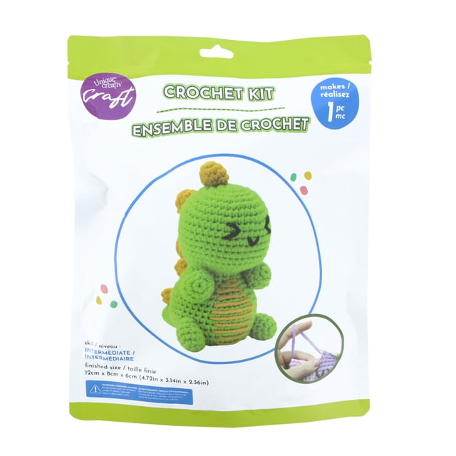 UNIQUE CREATIV Trousse de Crochet – Dinosaure Montrant un Petit Dinosaure Vert au Crochet avec des Pointes orange et un Ventre Rayé, Trousse de Bricolage Intermédiaire pour 8 Ans et Plus, Taille Finie Environ 12 cm x 8 cm x 6 cm, Comprend Fil, Crochet, Aiguille, Yeux de Sécurité, Rembourrage et instructions, Convient aux Projets de Tricot et de Crochet.
