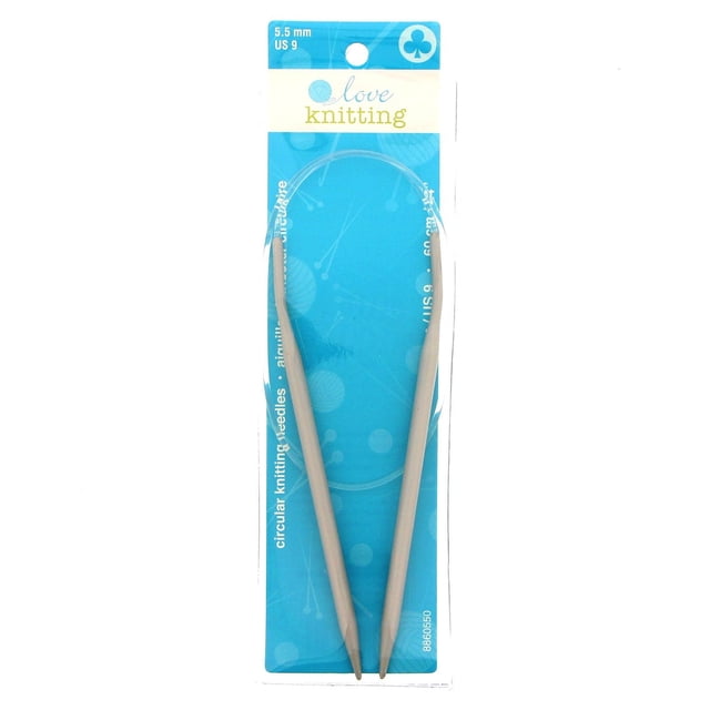 Love Knitting 24" Circular Knitting Needles in 5.5 mm (US 9) size, beige aluminum needles with pointed tips connected by a clear flexible cable, displayed on blue packaging with knitting-themed graphics, suitable for knitting in the round and various yarns.