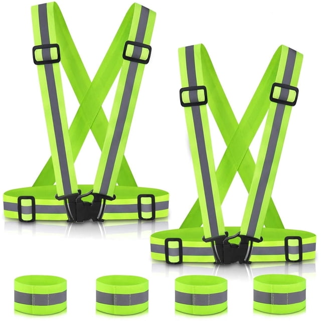 Safety Vest Reflective Running Gear, Adjustable Safety Vests for Men featuring bright neon green straps with reflective gray strips. Includes adjustable buckles and a secure front clasp for a customizable fit. The set also includes matching reflective arm or leg bands. Ideal for workwear or visibility during nighttime or low-light activities.