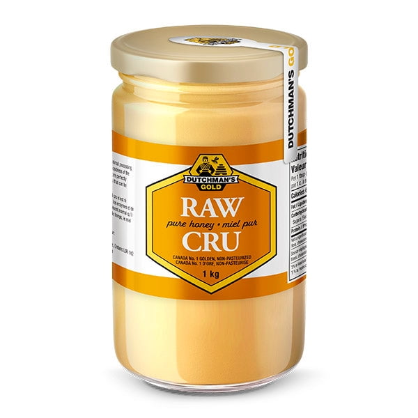Dutchman's Gold Raw Honey - 1 kg jar featuring pure, unpasteurized, and unheated Canadian honey. The jar has a golden honey colour and a hexagonal label with the brand logo and product details. Ideal for spreading on toast, adding to tea, or using in recipes.