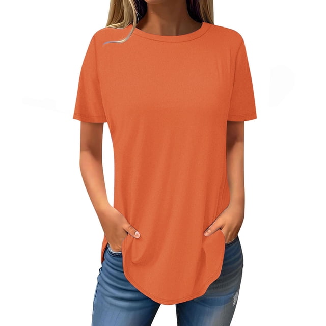 XMMSWDLA T-Shirts à Manches Courtes pour Femmes à Col Rond Amples Décontractés Tee T-Shirt Orange Hauts pour Femmes à Manches Courtes