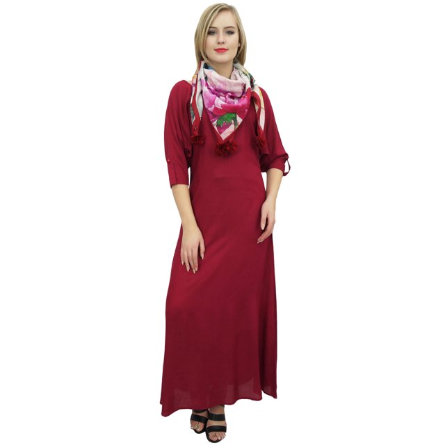 Bimba Robe Maxi Bohème Bordeaux pour Femme avec Foulard à Franges Tenue Décontractée d'Été-16