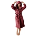 thumbnail image 1 of AherBiu Womens Robes Lightweight Fuzzy Fleece Warm Midi Bathrobe Soft Plush Belted Robe with Hood, 1 of 5