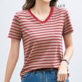 thumbnail image 2 of Women's Striped Retro Top Korean Style Full Loose Round Neck Short Sleeve Design Sense Color Contrast T Shirt, 2 of 4