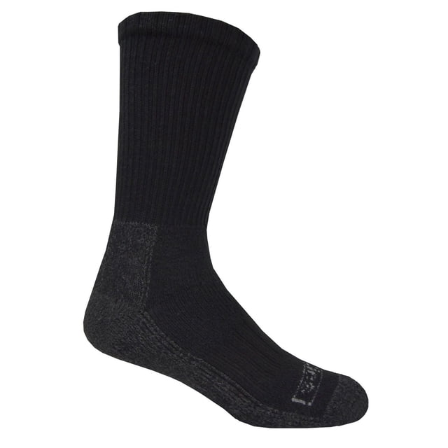 Genuine Dickies Men's Durable and Comfortable Work Sock 3pk featuring a black ribbed crew sock with dark grey reinforced heel and toe, fully cushioned foot for all-day comfort, arch compression for support, and cotton blend fabric with spandex for improved fit, suitable for work and casual wear.