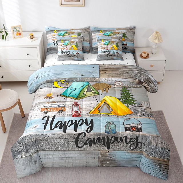 YST Happy Camping Kids Comforter Set Rustic Farmhouse Style, Queen Size (7 Count)