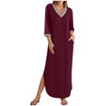 thumbnail image 2 of Gspmoly Robes pour Femmes, Robes pour Femmes Manches 3/4 Col en V Ample Fluide Fendue Longue Robe Maxi avec Poches Robes de Soirée pour Femmes Offres du Jour, 2 of 9