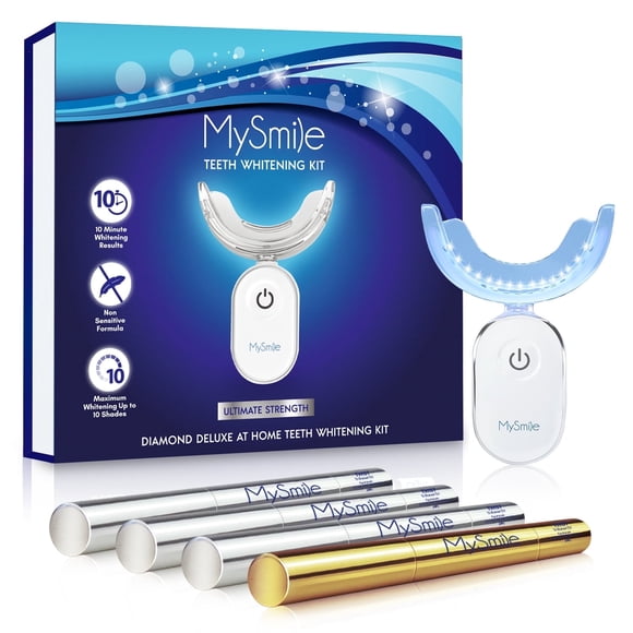 MySmile 4pc Deluxe Teeth Whitening Pen Kit with 28-LED Light, 10min Result Teeth Whitening Gel, Remove 10 Years of Stains, Mint