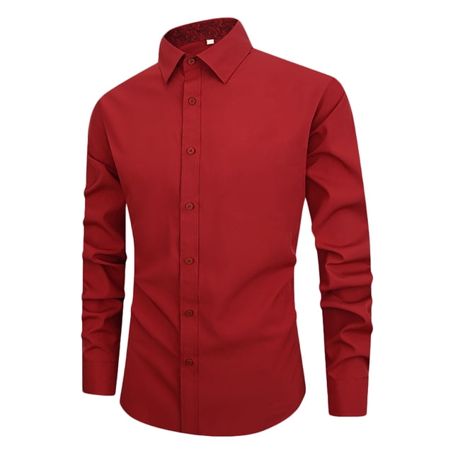 RXIRUCGD Hommes Décontracté Uni à Boutons Manches Longues Col Rabattu Hauts Blouse Chemise, Rouge, Taille : 2TG