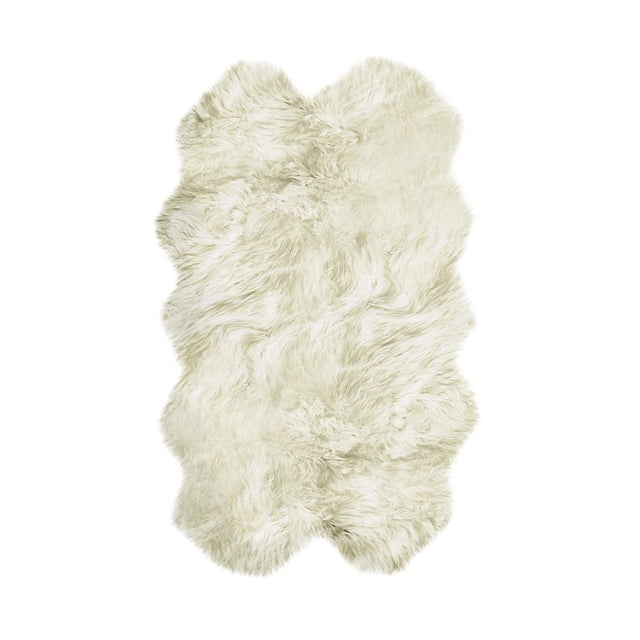 H-Natural New Zealand Sheepskin Rug in natural off-white with a thick 2.5-inch plush pile and organic shape, made from 100% natural sheepskin with soft dense wool and micro suede anti-skid backing, suitable for adding warmth and texture to indoor areas or as a cozy seat cover.