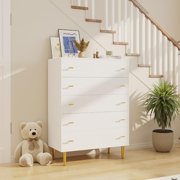 Farmhouse 5 Drawers Dresser for Bedroom, 44 in Tall White Dresser Wood Rustic Chest of Drawers with Large Drawers & Bar Handles,Natural Texture,Drawer Organizer for Living Room,Hallway and Entryway