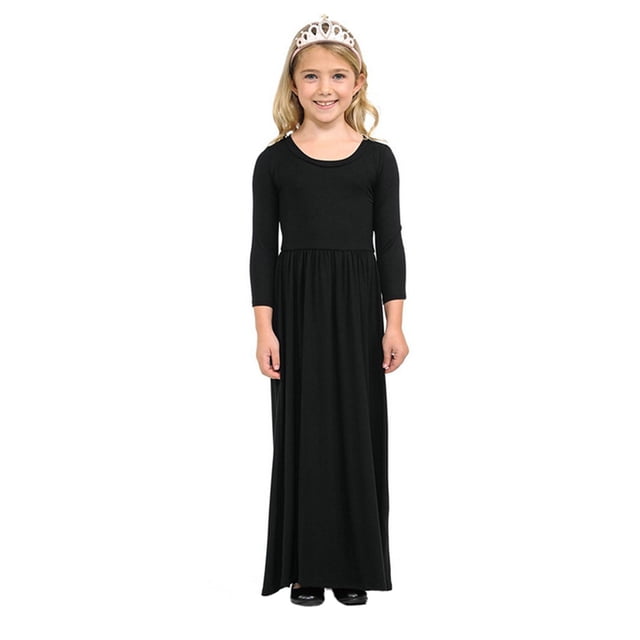 PMVFHDE Robe Légère pour Filles Robe pour Enfants Robe pour Tout-Petits Filles Robe au-Dessus du Genou Robe à Manches Longues Robe Longue Unie Robe,Noir,2-3 Ans