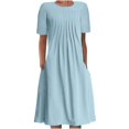 thumbnail image 1 of QJUHUNG Midi pour Femmes Été Décontracté Ample Bohème à Imprimé Floral Col Ras du Cou Manches Courtes Longueur Genou Robe Froncée avec Poches, 1 of 7