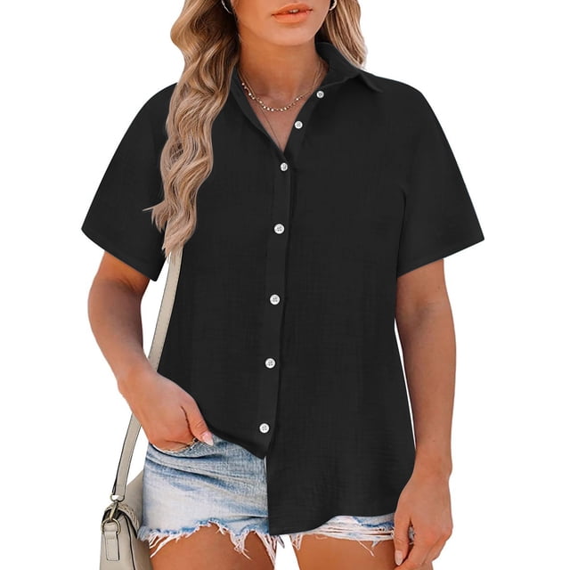 asjyhkr Plus Size Button down T Shirts for Women Linen Lightweight Comfy Soft Tees Summer Beach Tops Solid Color