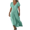 thumbnail image 3 of WRKEKC Robes d'Été Décontractées pour Femmes, Robes d'Été Grande Taille, Robe Jupe à Manches Courtes en Lin Uni à Col en V pour Femmes, 3 of 6