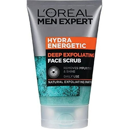 Loraal Men Expert Face Scrub Hydra Energetic Deep Exfoliating Face Wash For Men 100 Ml centered front-facing tube with blue-gray label and visible brand name; gel scrub texture with visible natural exfoliating particles; stated to remove impurities and shine and help unblock pores; often used as a pre-shave cleanser after workouts.