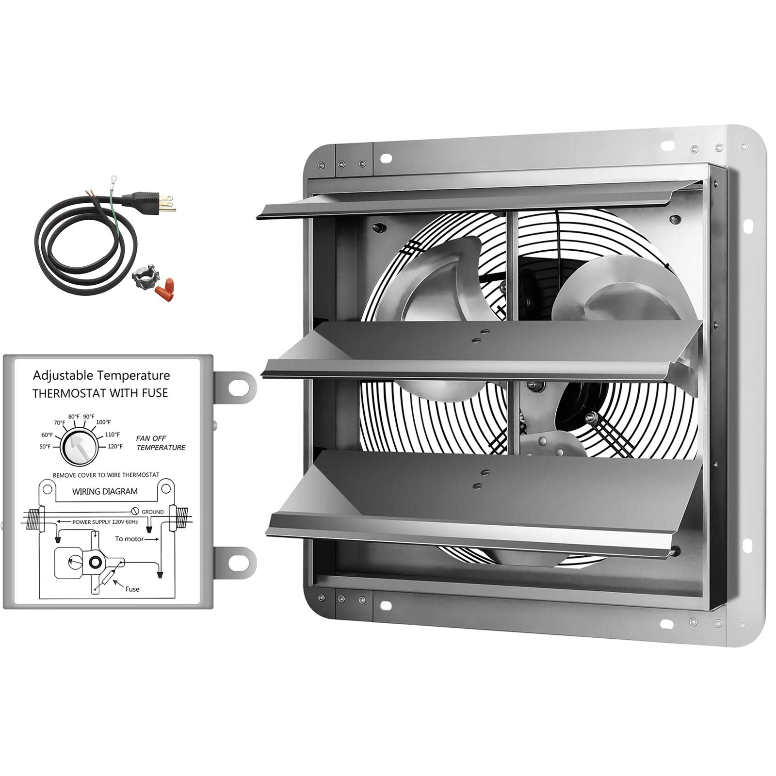 Ventilateur d'Extraction à Persiennes de 14 Pouces en Aluminium à Grande Vitesse 1600 Tr/min, 1000 CFM, Argent, avec Thermostat Programmable Réglable