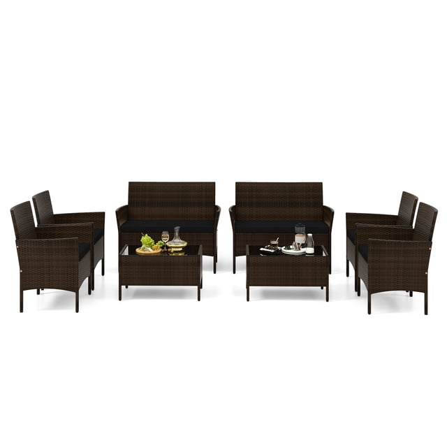 Patiojoy 8 Piece Patio Rattan Conversation Set with mix brown PE rattan and black cushions. Includes 2 loveseats, 4 chairs, and 2 tempered glass coffee tables. Features ergonomic armrests, high backrests, and a sturdy metal frame for durability. Perfect for outdoor furniture setups like patios, backyards, or poolside retreats.