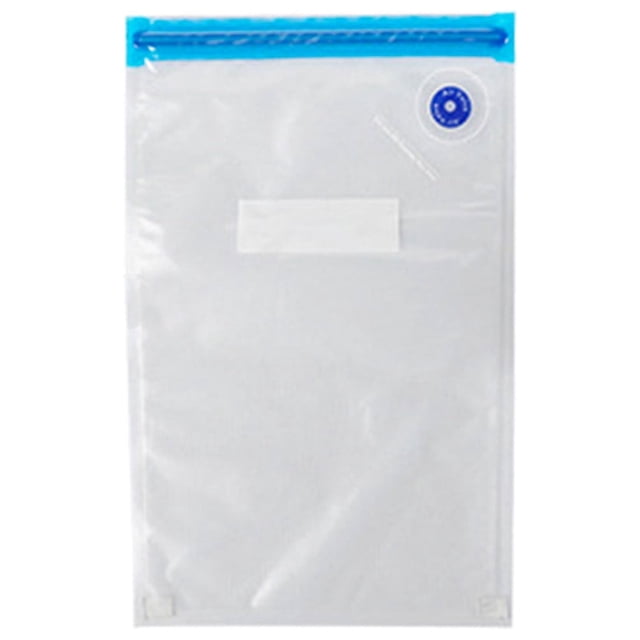 Reusable Storage Bags for Food, clear vacuum seal bags with a blue double zipper and valve for airtight sealing. BPA-free PA+PE material ensures safe food storage. Ideal for vacuum food storage, pet treats, or small items. Measures 30x34cm (11.81x13.38 in).