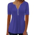 thumbnail image 2 of LSLJS Womens T Shirts Women's Fashion Casual Round Neck Pleated Solid Color Button Top Blouse, 2 of 5