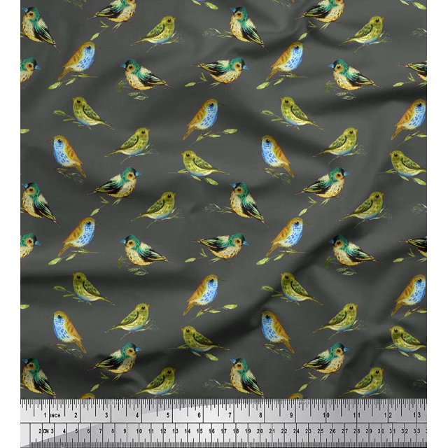 Soimoi Georgette Viscose Fabric Flycathcer Bird Decor Fabric Printed Yard 42 Inch Wide