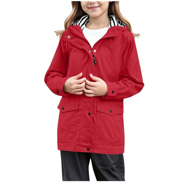 TIEVOSA Coupe-Vent à Capuche pour Filles Manteau Imperméable Léger avec Capuche Réglable pour Activités Extérieures 5-6 Ans (Rouge)