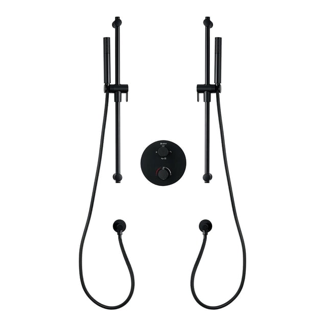 Round 3-function thermostatic valve with pressure balance valve and two handheld showers in matte black finish, featuring round plate and handles, adjustable stainless steel shower posts with holders, anti-limescale gel nozzles, flexible double interlocking stainless steel hoses, and a maximum flow rate of 9.5 L/min.