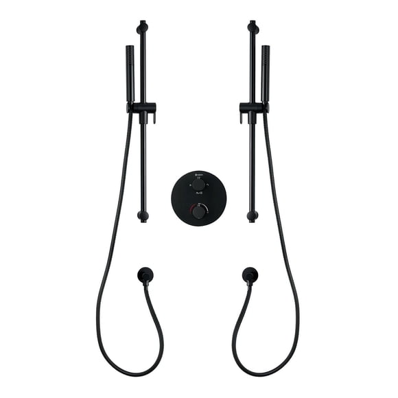 Round 3-function thermostatic valve, 2 handhelds showers, or simultaneously, matte black finish
