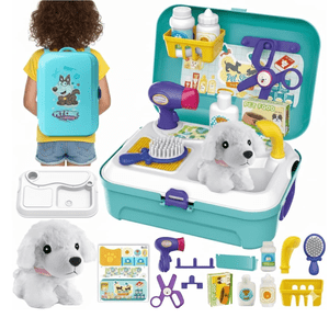 OBAB Kids Pet Care Play Set with Plush Puppy, Pretend Veterinarian Toy Backpack, Grooming & Feeding Accessories, Educational Role Play Toy for Toddlers Boys and Girls