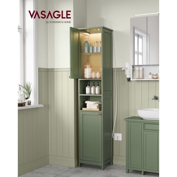 VASAGLE Tall Cabinet with Lights, Slim Freestanding Storage Cabinet with Adjustable Shelves, Modern, Forest Green