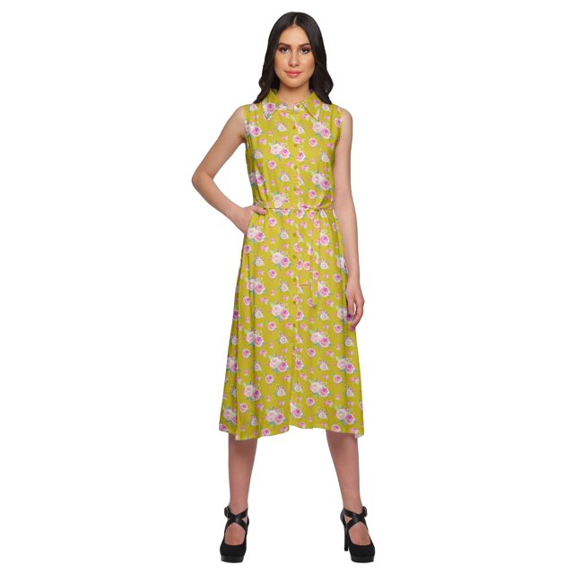 Moomaya Robe Décontractée Boutonnée à Col à Revers Imprimé avec Ceinture en Tissu Ajustable