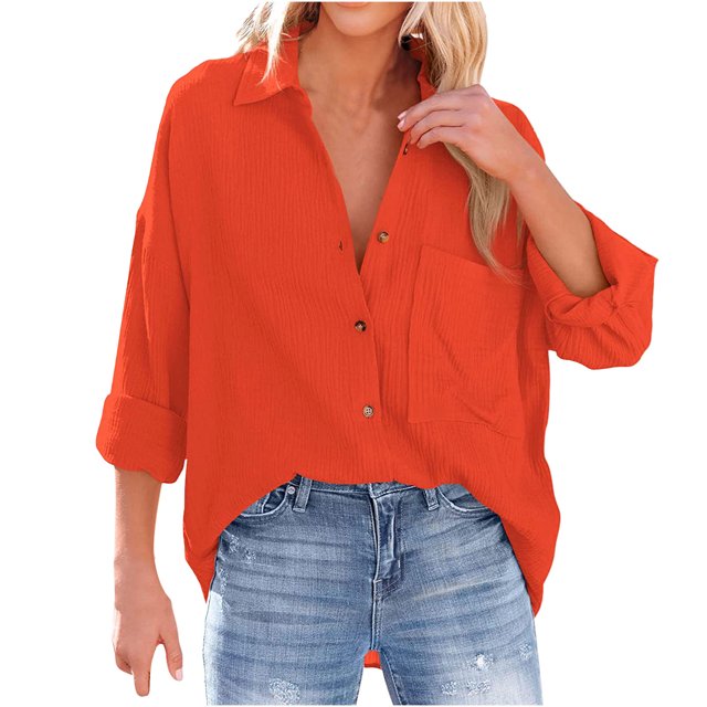 Women's Spring Fall Button Down Shirts Blouse Long Sleeve Lapel Solid Casual Oversized Jackets Tops with Pockets