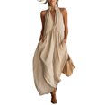 thumbnail image 2 of Elvqul Womens Dress Backless Maxi Dresses Beach Pocket Halter Pullover Cotton Linen Ruched Plain, 2 of 5