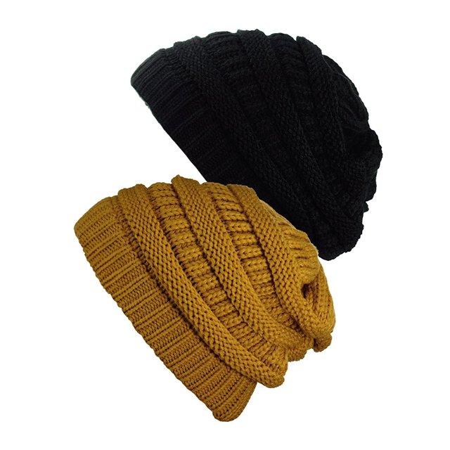 Tuque Tricotée pour Femmes (Lot de 2), Noir/moutarde