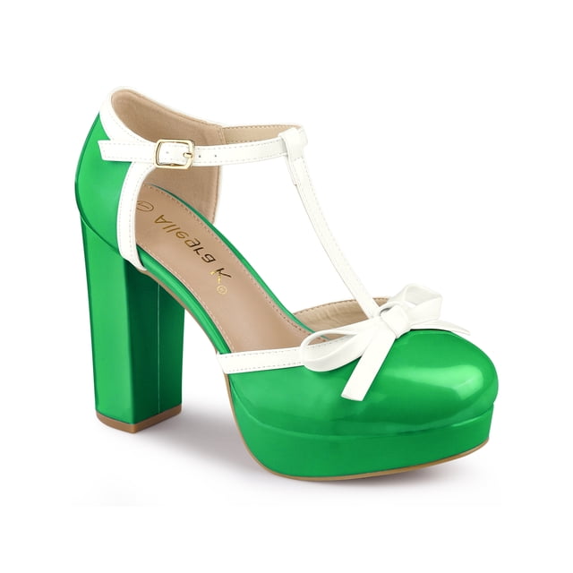 BLISSFUL STEP Escarpins à Plateforme pour Femmes à Bride en T avec Nœud Vintage à Talons Blocs Vert Lime 10