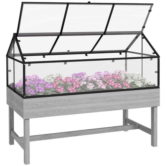Outsunny Raised Garden Bed with Cold Frame Greenhouse Vent in distressed grey. This 2-in-1 elevated planter box features a fir wood and steel frame with a PC cover for temperature control and protection. The raised design prevents soil compaction and includes two flip-up windows for ventilation, non-woven fabric to prevent soil erosion, and drainage holes to avoid water pooling. Dimensions: 47.2 inches long, 23.6 inches wide, and 40.6 inches high.