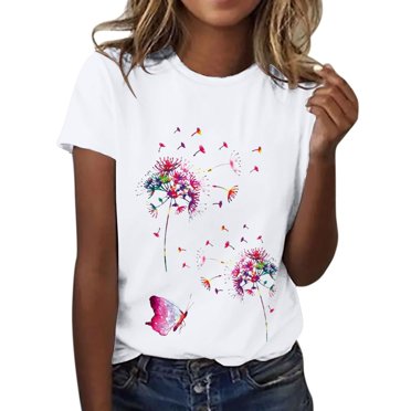 WTXUE T-Shirts à Manches Courtes, Chandails à Col Rond pour Femmes T-Shirt Pissenlit Papillon T-Shirt Coton Imprimé Papillon, T-Shirts Hauts Décontractés pour Femmes Blanc/imprimé Papillon m