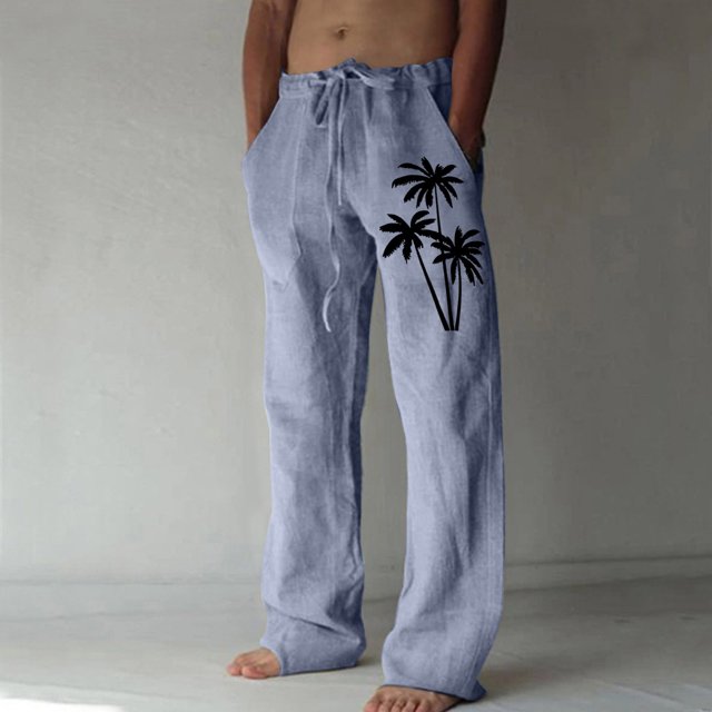 cllios Cotton Linen Pants for Men Palm Tree Tropical Print Beach Pants Regular Fit Elastic Waisted Drawstring Lounge Trousers with Pockets Lightweight Breathble Beachwear