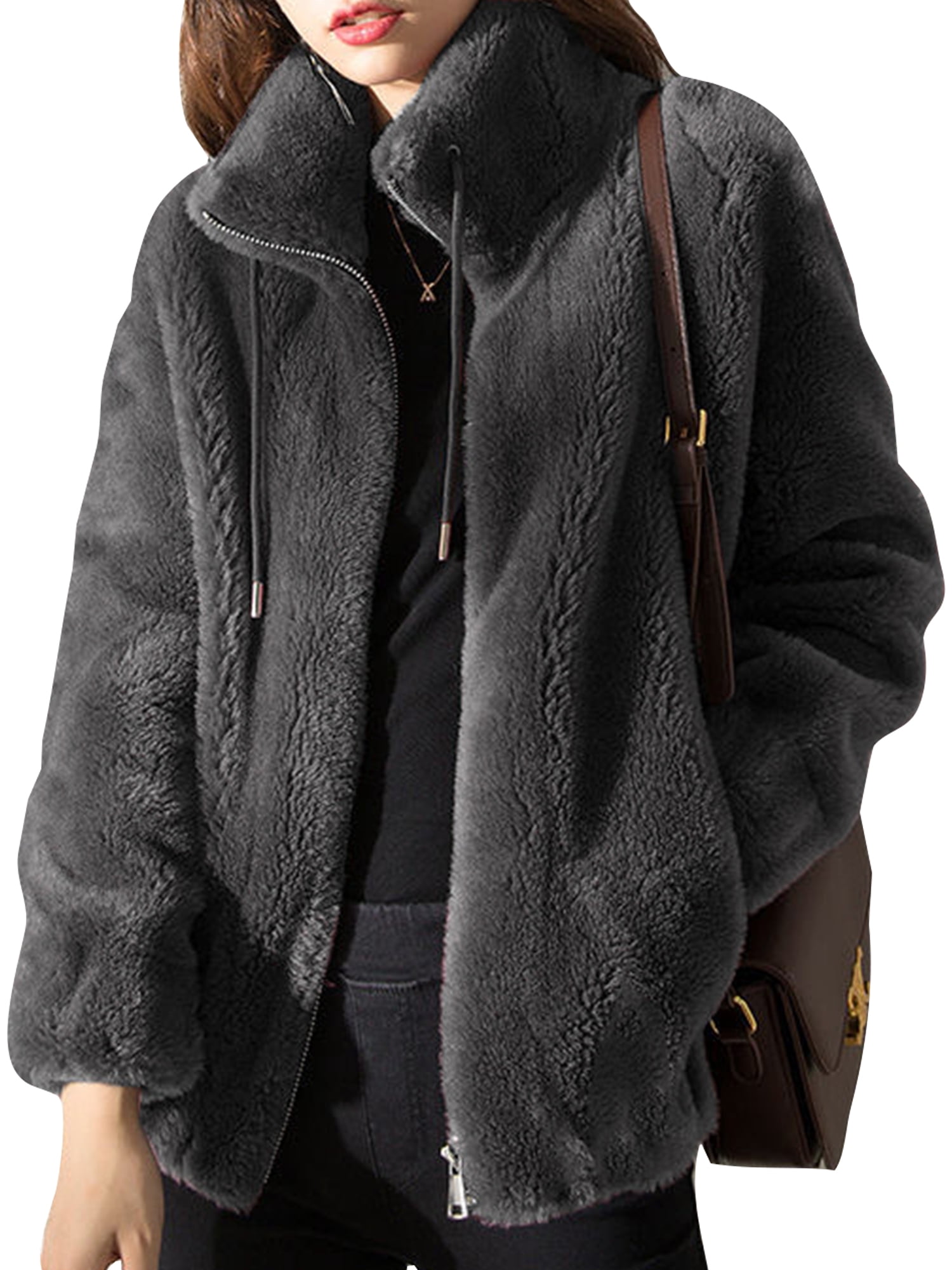 LUXUR Ladies Full Zip Sherpa Jackets Drawstring Holiday Overcoats Grey M
