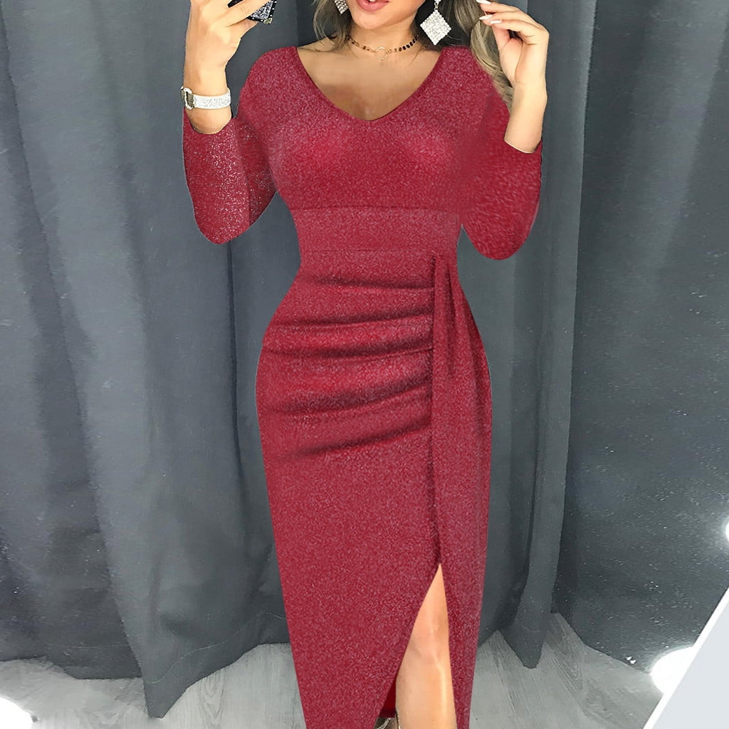 FcBaudy Long Sleeve V-Neck Dress,Summer Dresses for Women,Womens Dresses Women Fashion V-Neck High Slit Bodycon Dress Long Sleeve Party Dresses Women Dress