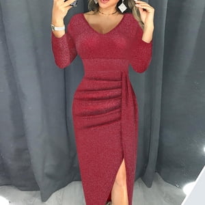 FcBaudy Long Sleeve V-Neck Dress,Summer Dresses for Women,Womens Dresses Women Fashion V-Neck High Slit Bodycon Dress Long Sleeve Party Dresses Women Dress