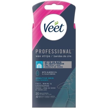 Veet® Professional™ Wax Strips for Face, Bikini, & Underarms, EasyGrip tab & Almond Oil Infused Hair Removal Wax Strips for Sensitive Skin, 20 Wax Strips + 4 Perfect Finish Wipes