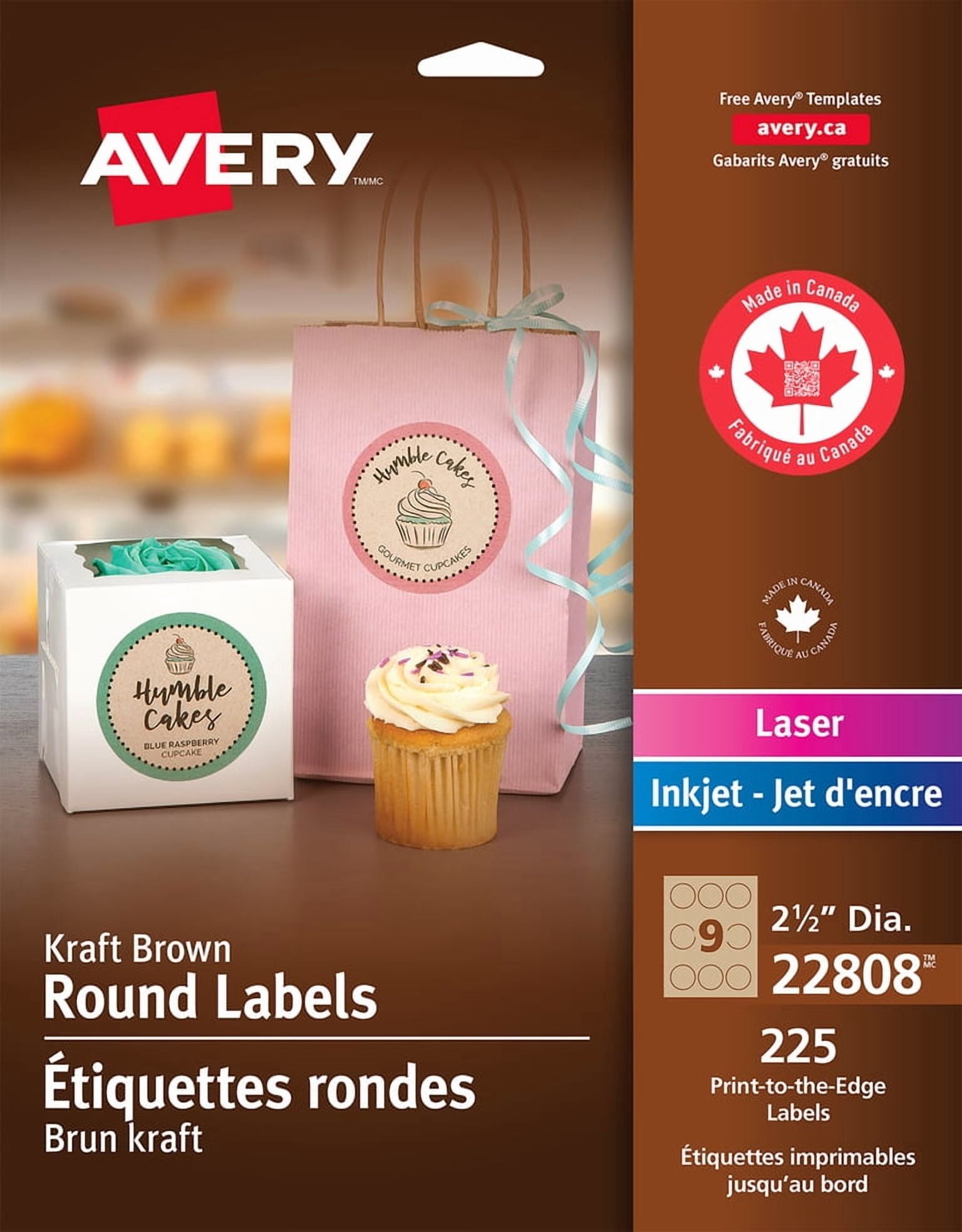 Avery Étiquettes rondes brun kraft 2½" Diameter, adhésif permanent, pour imprimantes laser et à jet d’encre - 22808