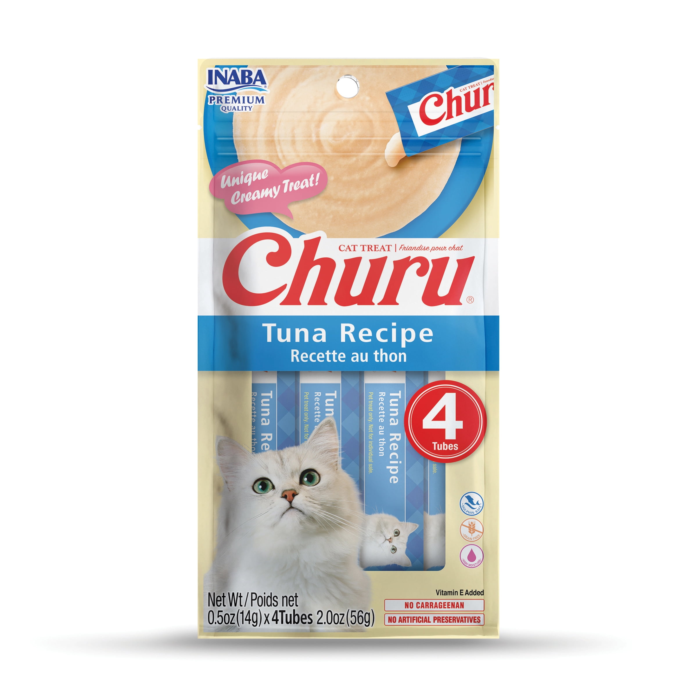 INABA Churu Gâteries pour Chats, Purée Crémeuse à Lécher Sans Grains avec Vitamine E - Recette au Thon, 4 tubes