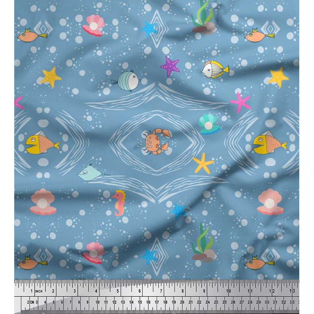 Soimoi Satin Silk Fabric Fish,Shell & Starfish Ocean Fabric Prints by Yard 42 Inch Wide
