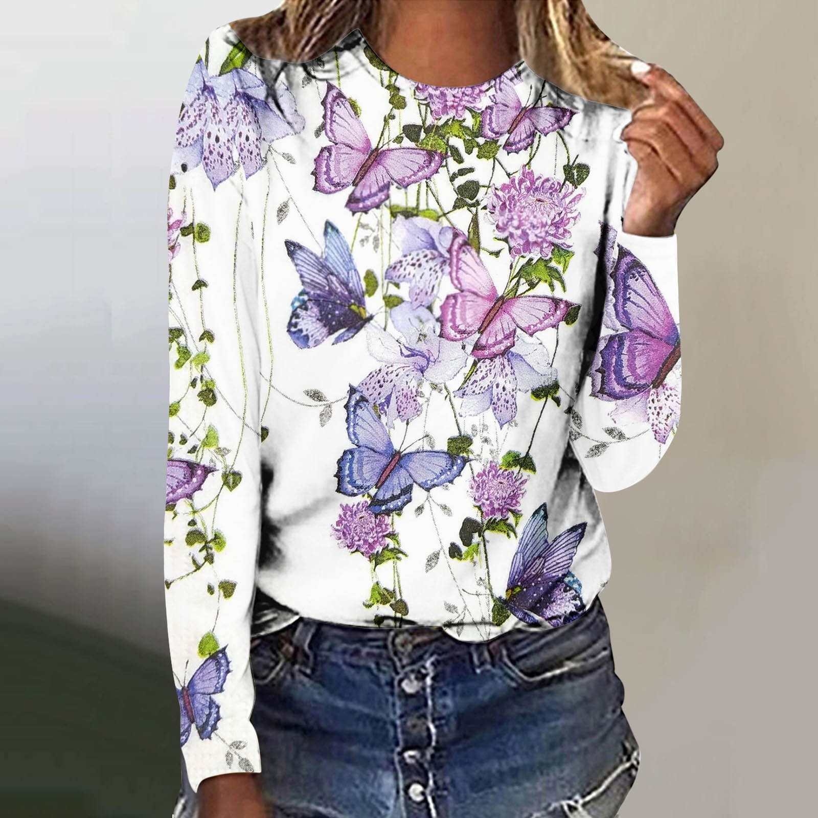 Hauts de Sortie Mode Femme Été Aguichant Pli Imprimé Régulier Femme Manches Longues Col Rond Bouton Haut Blouses Femme Été en Liquidation